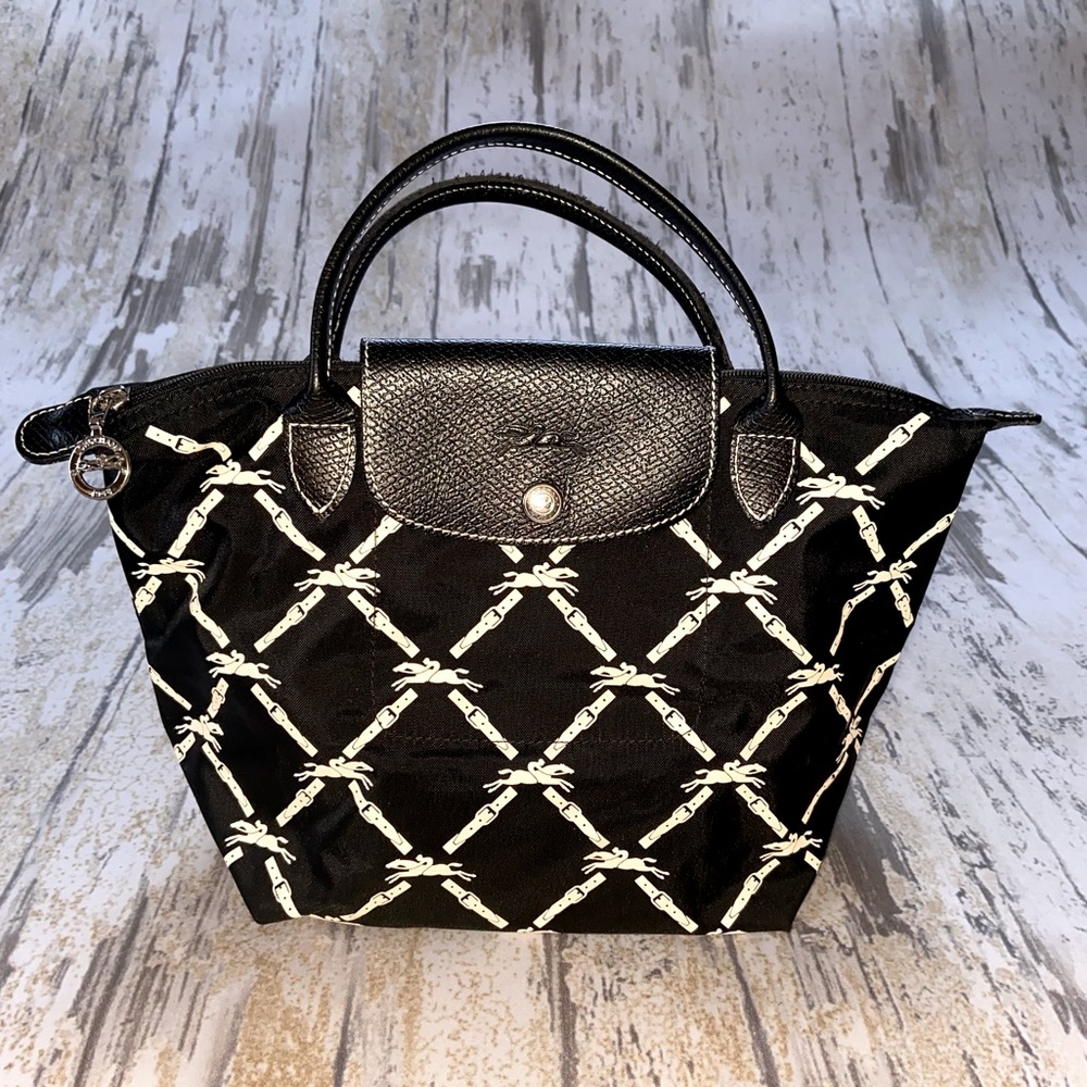 Longchamp Black & White Le Pliage Small Top Handle Nylon Handbag